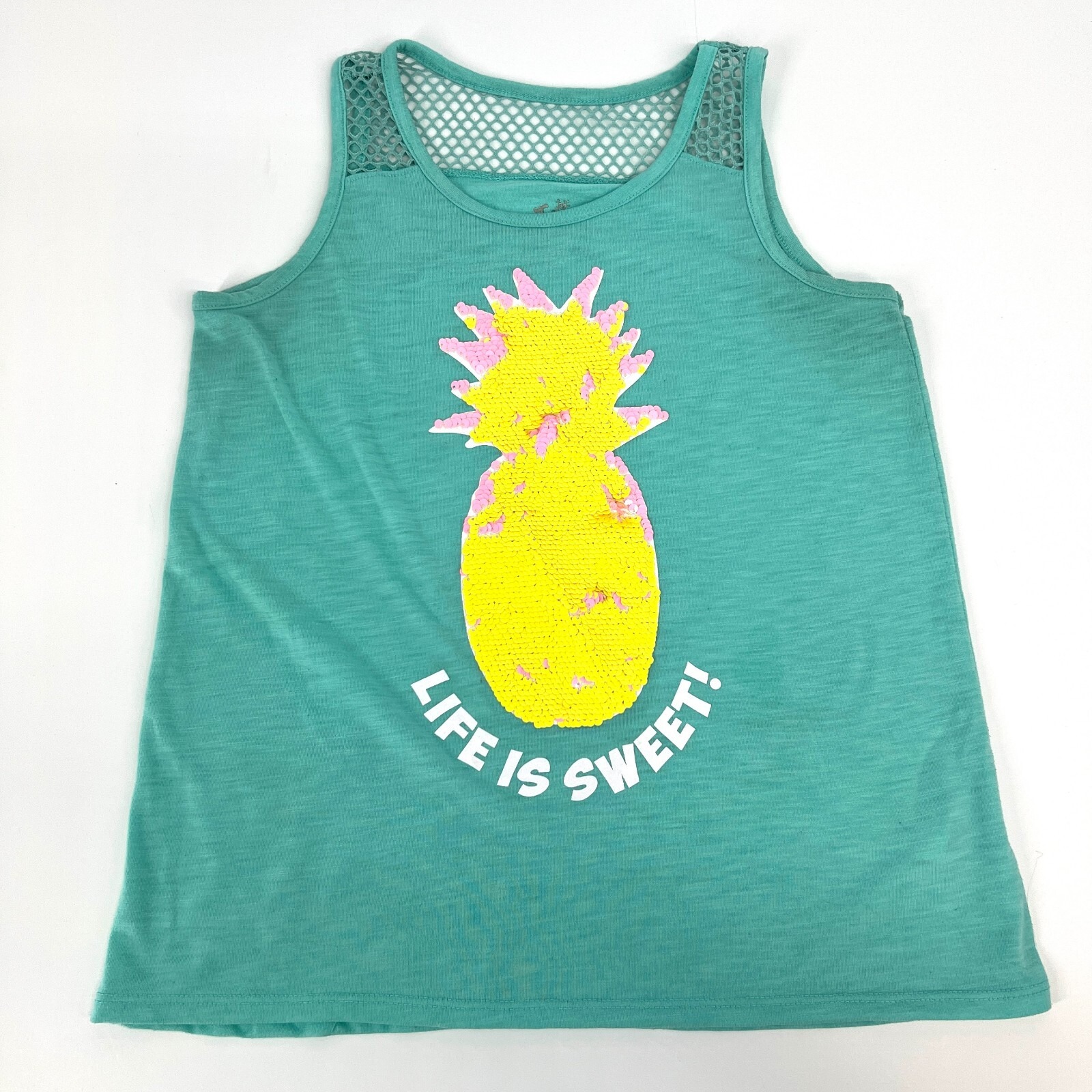 Justice Tank Top Girls Size 12 Pineapple Sequin Graphic Life Is Sweet Teal Green
